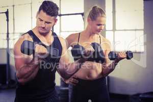 Serious people lifting dumbbell