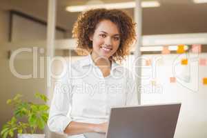 Smiling businesswoman using laptop