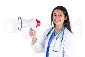 Smiling doctor with a megaphone in her hand