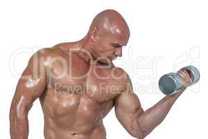 Bodybuilder concentrating while lifting dumbbells