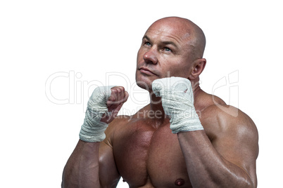 Fighter with fighting stance looking up