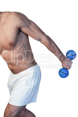 Man holding blue dumbbell