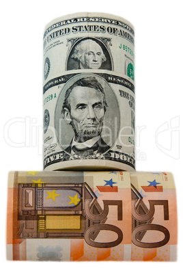 currency dollars and euros rolled on the white background