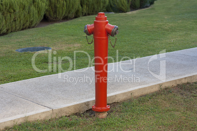 Red fire hydrant against a green lawn photo