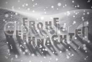 White Frohe Weihnachten Mean Merry Christmas On Snow, Snowflakes