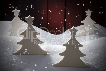 Four White Wooden Christmas Trees, Snow, Snowflakes