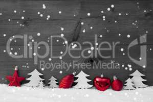 Red, Gray Christmas Decoration, Snow, Copy Space, Snowflakes