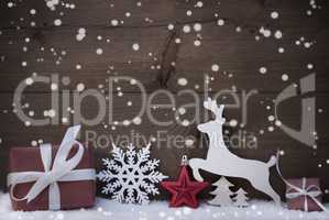 Red Christmas Decoration, Snowflakes, Snow, Reindeer And Gift