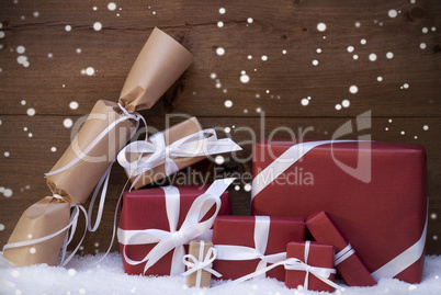 Red Christmas Gifts, Presents, White Ribbon, Snowflakes