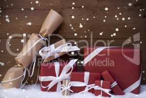 Red Christmas Gifts, Presents, White Ribbon, Snowflakes