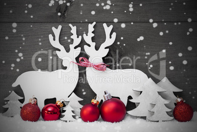 Gray Christmas Decoration, Reindeer Couple, Snowflakes, Red Ball