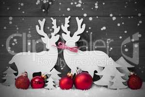 Gray Christmas Decoration, Reindeer Couple, Snowflakes, Red Ball