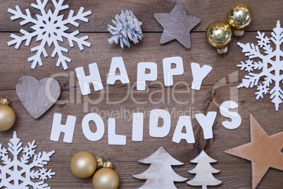 Wooden Background, Happy Holidays, Golden Christmas Decoration