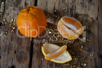 Christmas Food, Orange Fruit, Glitter On Wooden Background