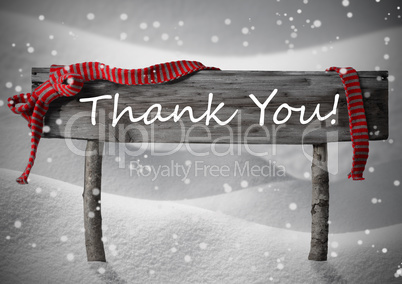 Gray Christmas Sign Thank You, Snow, Red Ribbon, Snowflakes