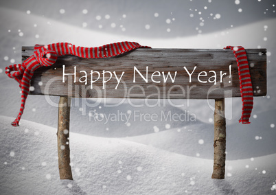 Brown Christmas Sign Happy New Year Snow, Red Ribbon, Snowflake