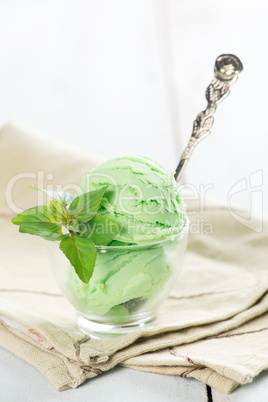 Green tea ice cream in cup