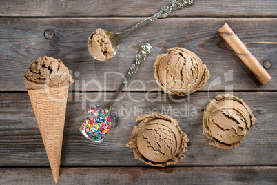 Above view chocolate ice cream cone