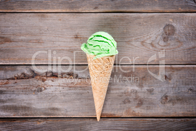 Above view green tea ice cream cone