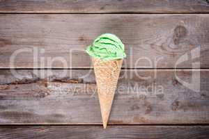 Above view green tea ice cream cone