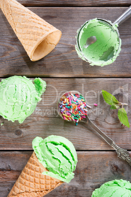 Top view matcha ice cream cone