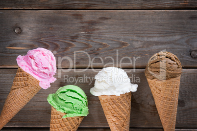 Chocolate, vanilla, matcha and strawberry ice cream