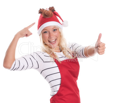 Weihnachtsfrau mit Schürze zeigt Daumen hoch