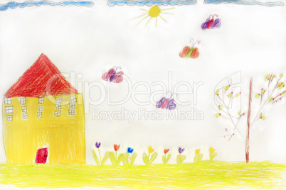 Children's drawing with house butterflies and flowers