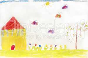 Children's drawing with house butterflies and flowers