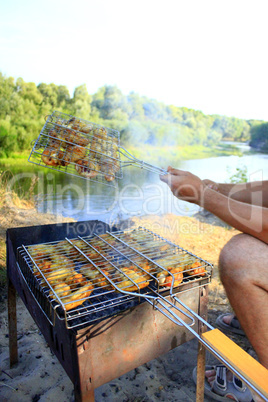 barbecue from hen's meat cooking in the nature