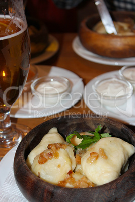 dumplings with bacon and sour cream in the restaurant