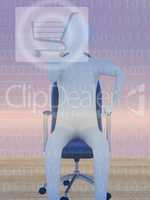 Figure sitting on office chair in front of virtual shopping wall