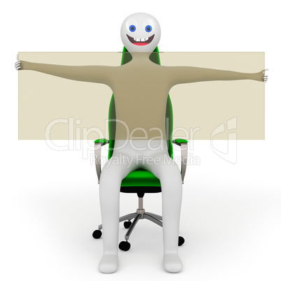 Figure sitting on office chair and holding glass panel