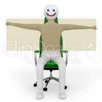 Figure sitting on office chair and holding glass panel
