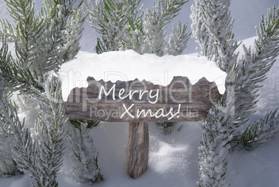Sign Snow Fir Tree Branch With Text Merry Xmas
