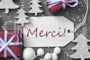 Christmas Label Gift Tree Snowflakes Merci Means Thank You