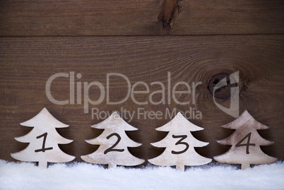 Wooden Christmas Trees On Snow, Copy Space, Four Numbers, Advent