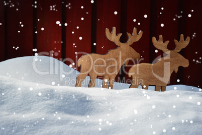 Christmas Card On Snow, Moose Coyple  And Copy Space, Snowflakes