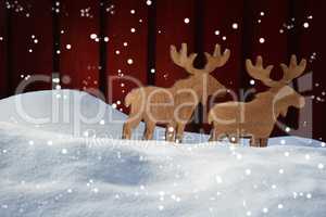 Christmas Card On Snow, Moose Coyple  And Copy Space, Snowflakes