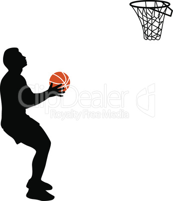 Black silhouettes of men playing basketball on a white background. Vector illustration.