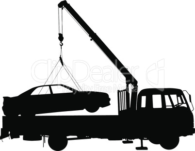 Black silhouette Car towing truck.  Vector illustration.