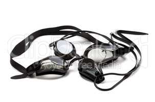Two black goggles for swimming on white background