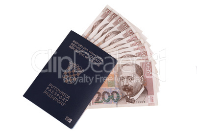 Croatian passport with Croatian money (kuna), isolated on white