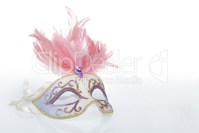 Beautiful carnival mask with pink feathers and a reflection