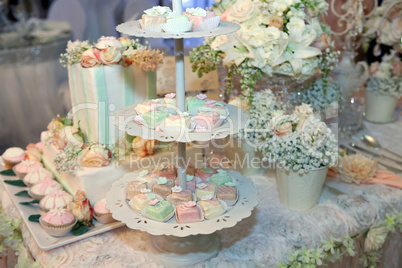 Colorful cakes on a banquet