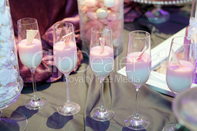 Colorful cocktail food in tall glasses