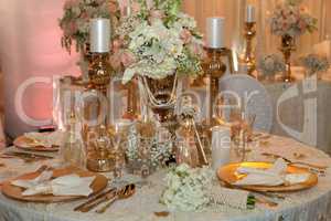 Luxurious wedding dinner with golden theme