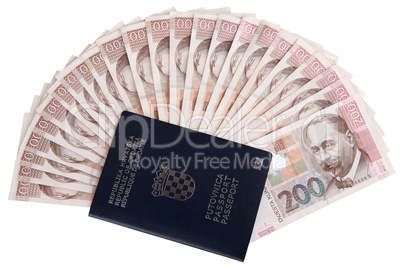 Croatian passport with Croatian money, isolated on white