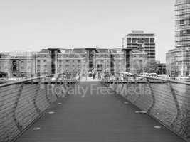 Black and white West India Quay in London