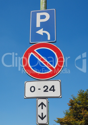 No parking sign over blue sky